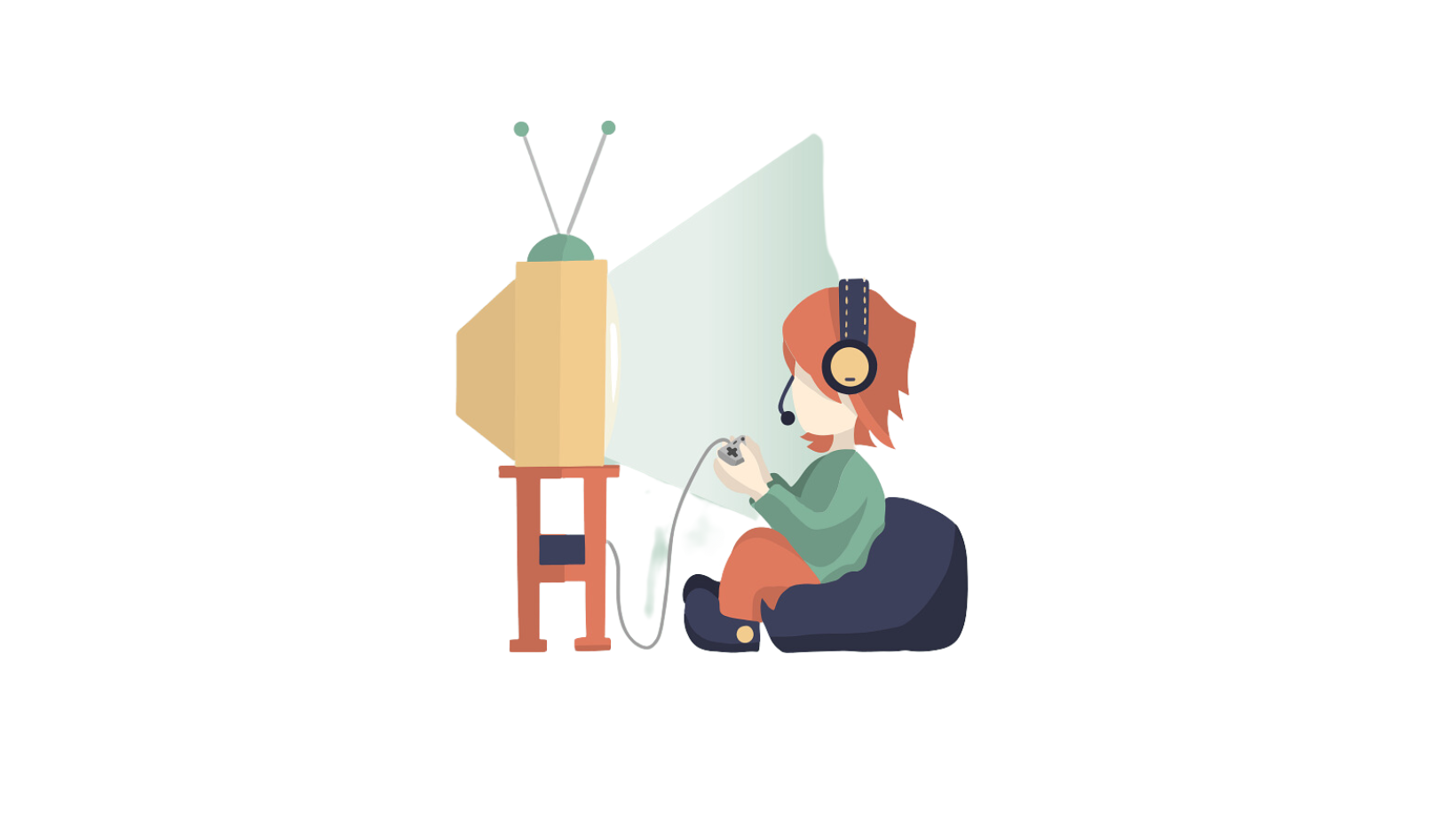 Piirretty ihminen istuu säkkituolissa ja pelaa konsolipeliä television ääressä.